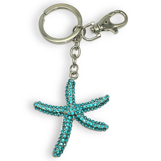 Starfish Keychain, w/ Aqua Blue Rhinestones, Split Key Ring & Clip, w/ Gift Bag