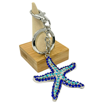 Starfish Keychain, 2 Tones of Blue Rhinestones, Split Key Ring & Clip, Gift Bag