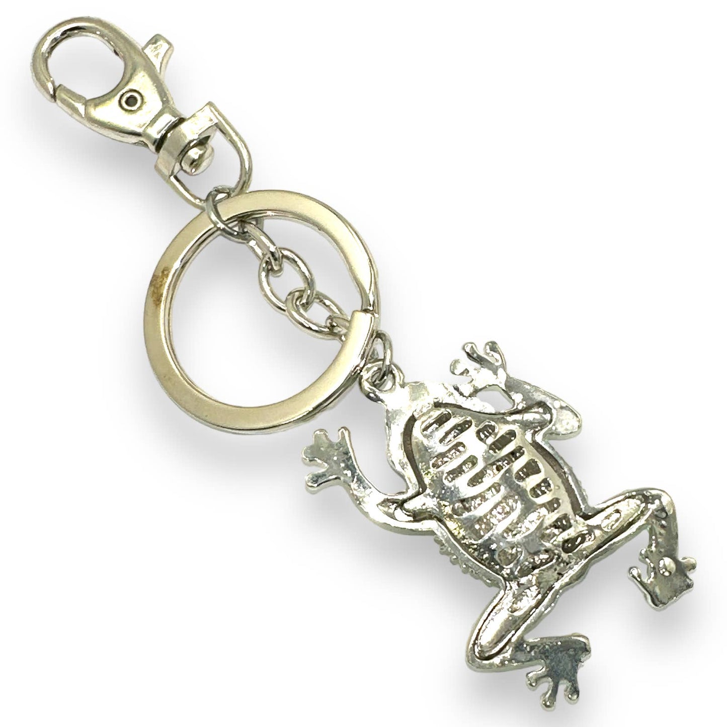 Green Rhinestones Frog Keychain, Silver-tone Split Key Ring & Clip, w/ Gift Bag