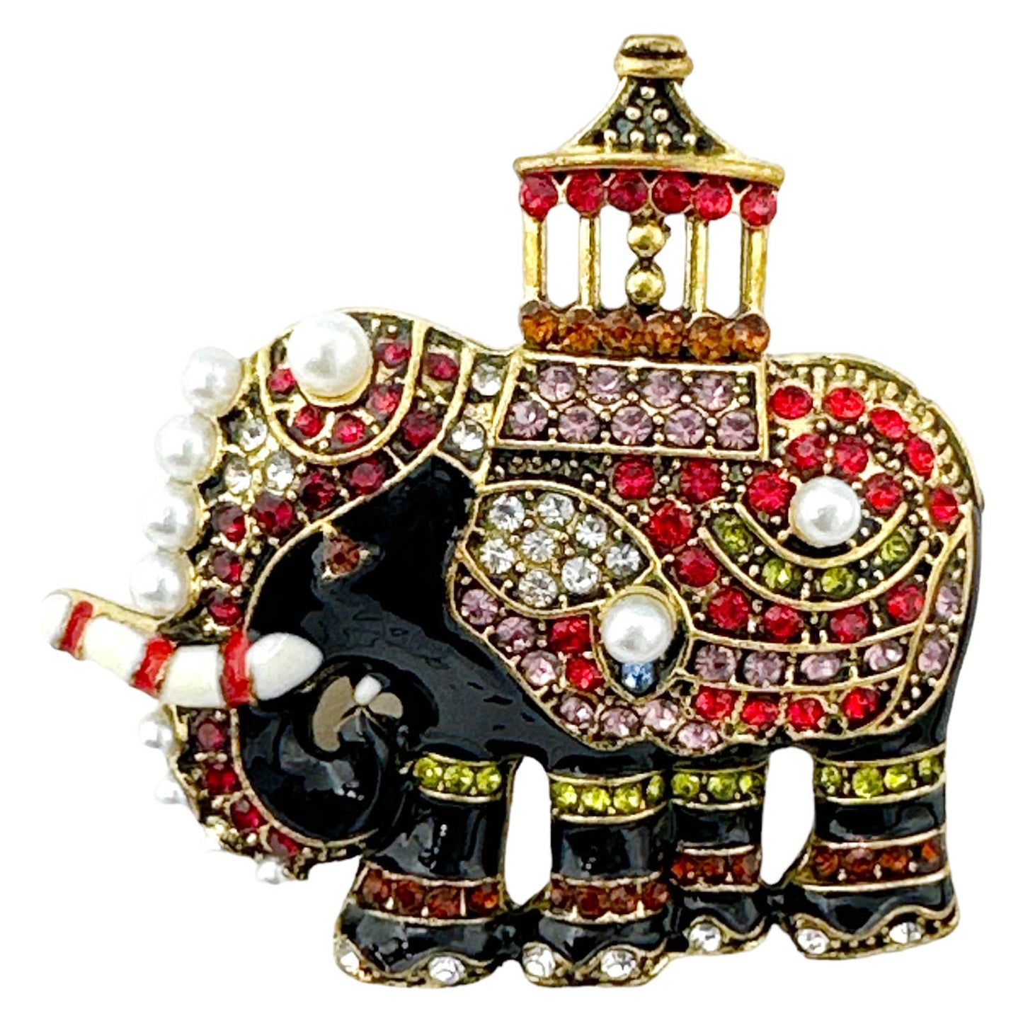 Evenchae Thailand Elephant Retro Brooch - Colorful Rhinestone & Faux Pearl