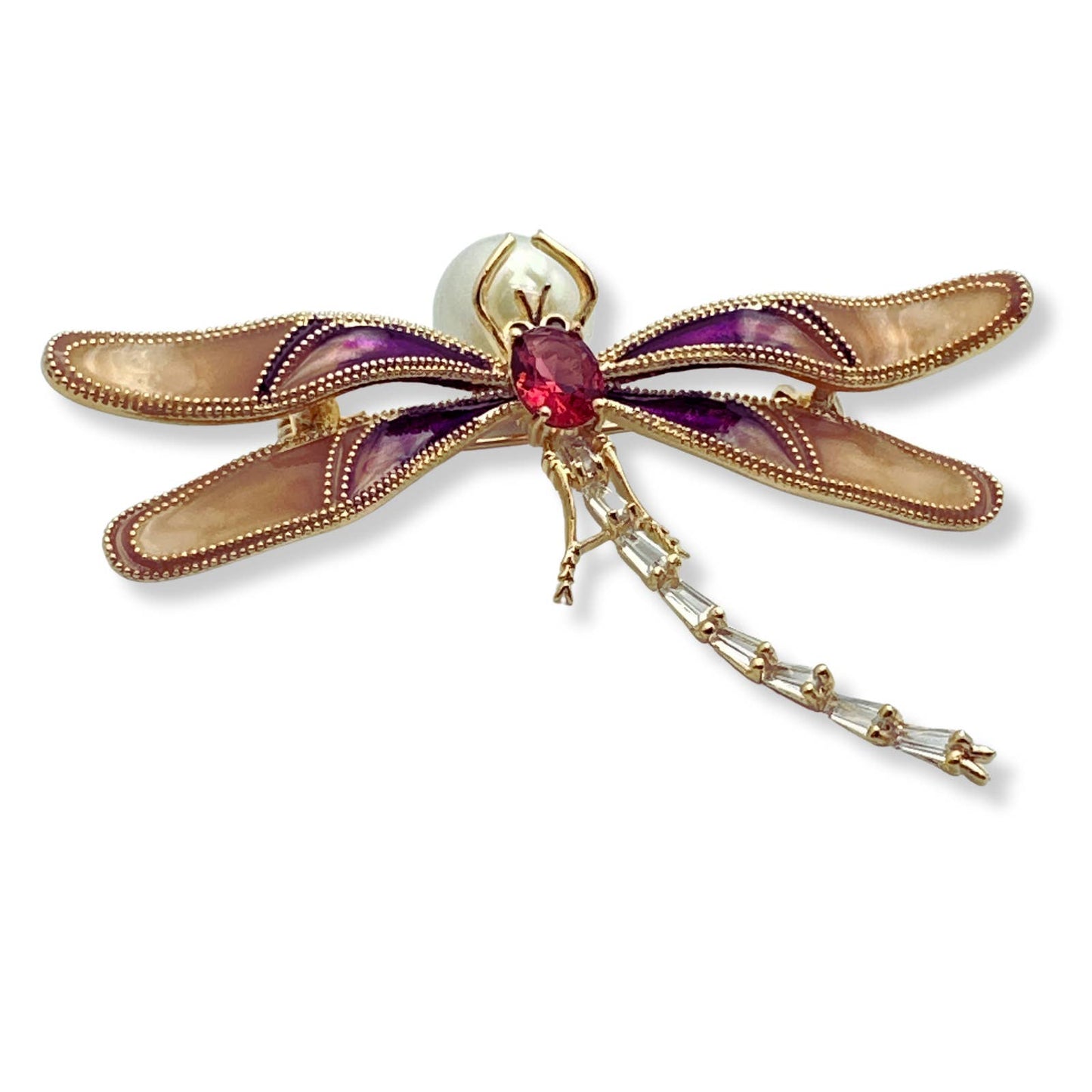 Elegant Purple Dragonfly Brooch Pin, Faux Pearl & Rhinestones, Enamel Wings 2.5W