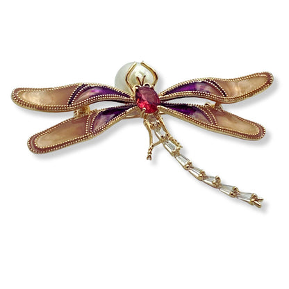 Elegant Purple Dragonfly Brooch Pin, Faux Pearl & Rhinestones, Enamel Wings 2.5W