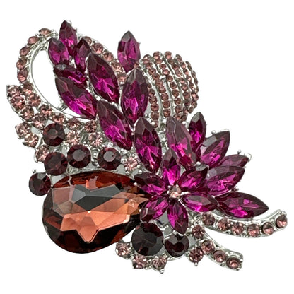 Purple Flower Brooch, Silver Alloy Pin, Floral Rhinestone Crystal, Gift Bag