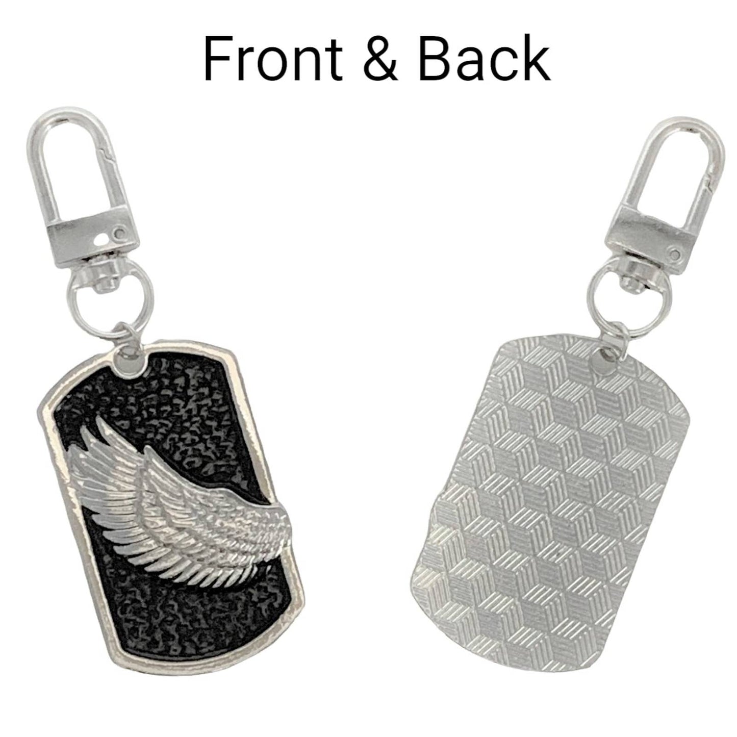 Evenchae Guardian Angel Wing Dog Tag Keychain, Silver & Black, Gift Bag, 3.25"L