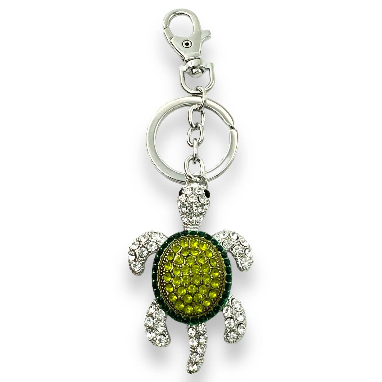 Articulated Sea Turtle Keychain, Green & Clear Crystals, Split Key Ring & Clip