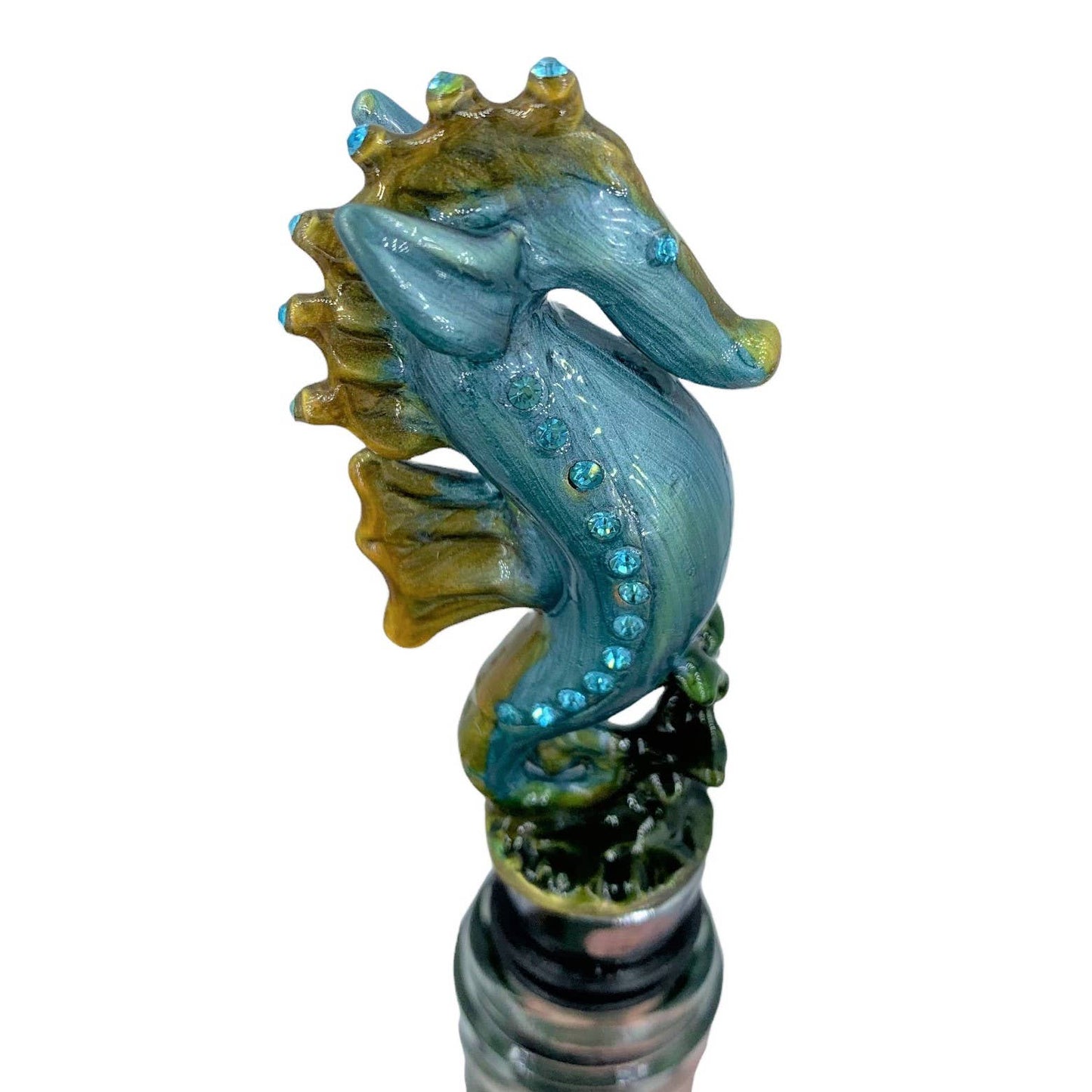 Bejeweled Seahorse Wine Bottle Stopper, Enameled Pewter Rhinestones