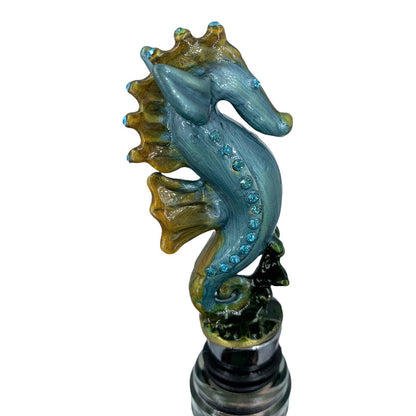 Bejeweled Seahorse Wine Bottle Stopper, Enameled Pewter Rhinestones