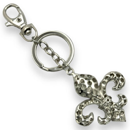 Fleur de Lis Keychain Orange & Black Rhinestones, Split Key Ring & Clip Gift Bag