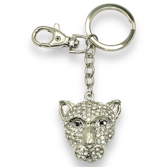 Jaguar Head Keychain w/ Rhinestones, Split Key Ring & Clip, w/ Gift Bag Gift Bag