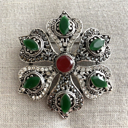 Boho Brooch Pin With Rhinestones Victorian Bohemian Style Hexagonal Green 2”W