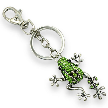 Green Rhinestone Tree Frog & Baby Keychain, Split Key Ring & Clip, w/ Gift Bag