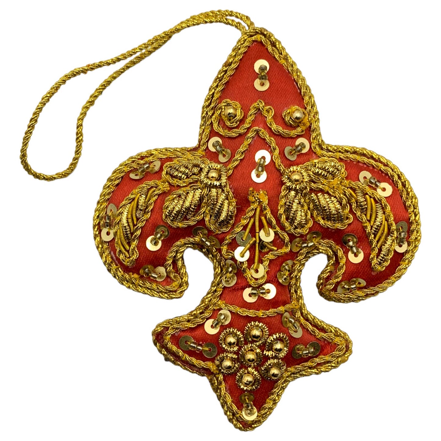 Zari Red Fleur de Lis Christmas Ornament, Zardozi Embroidery, Gift Bag