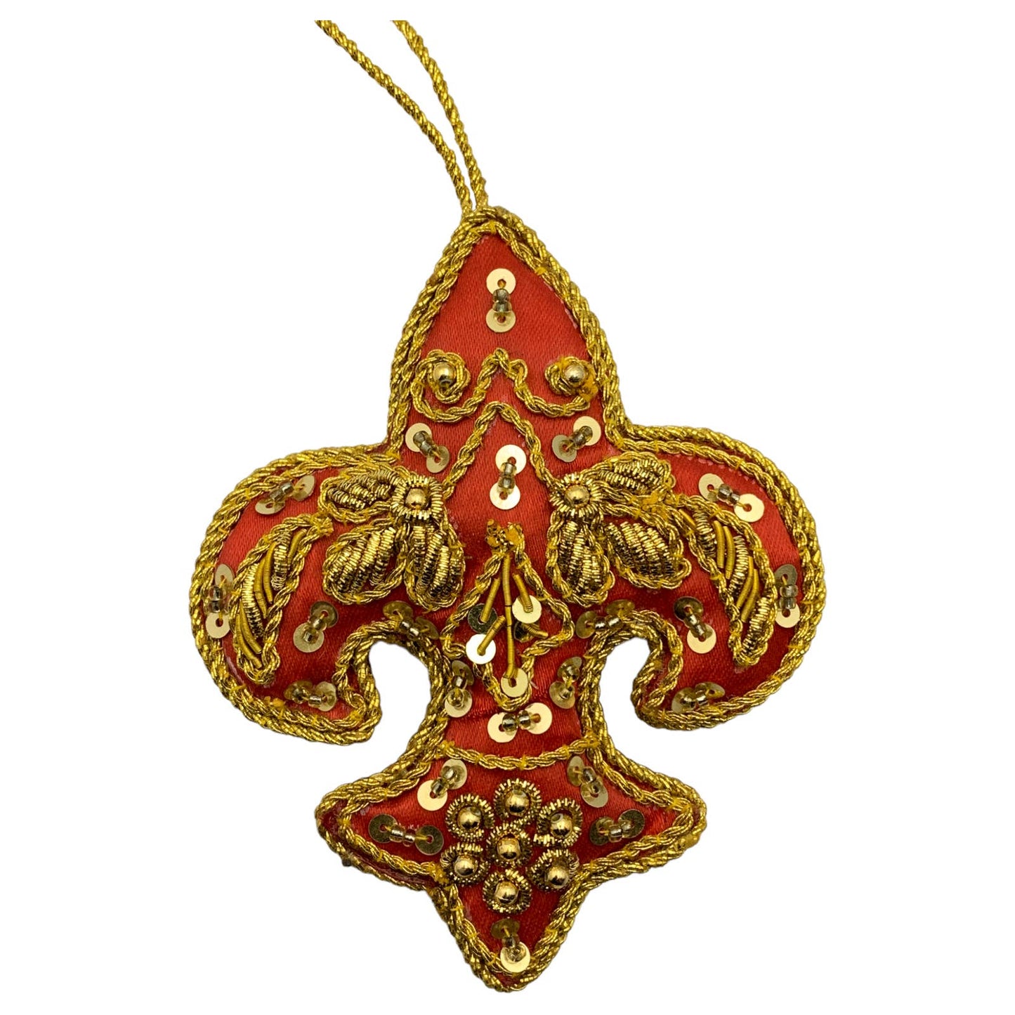 Zari Red Fleur de Lis Christmas Ornament, Zardozi Embroidery, Gift Bag