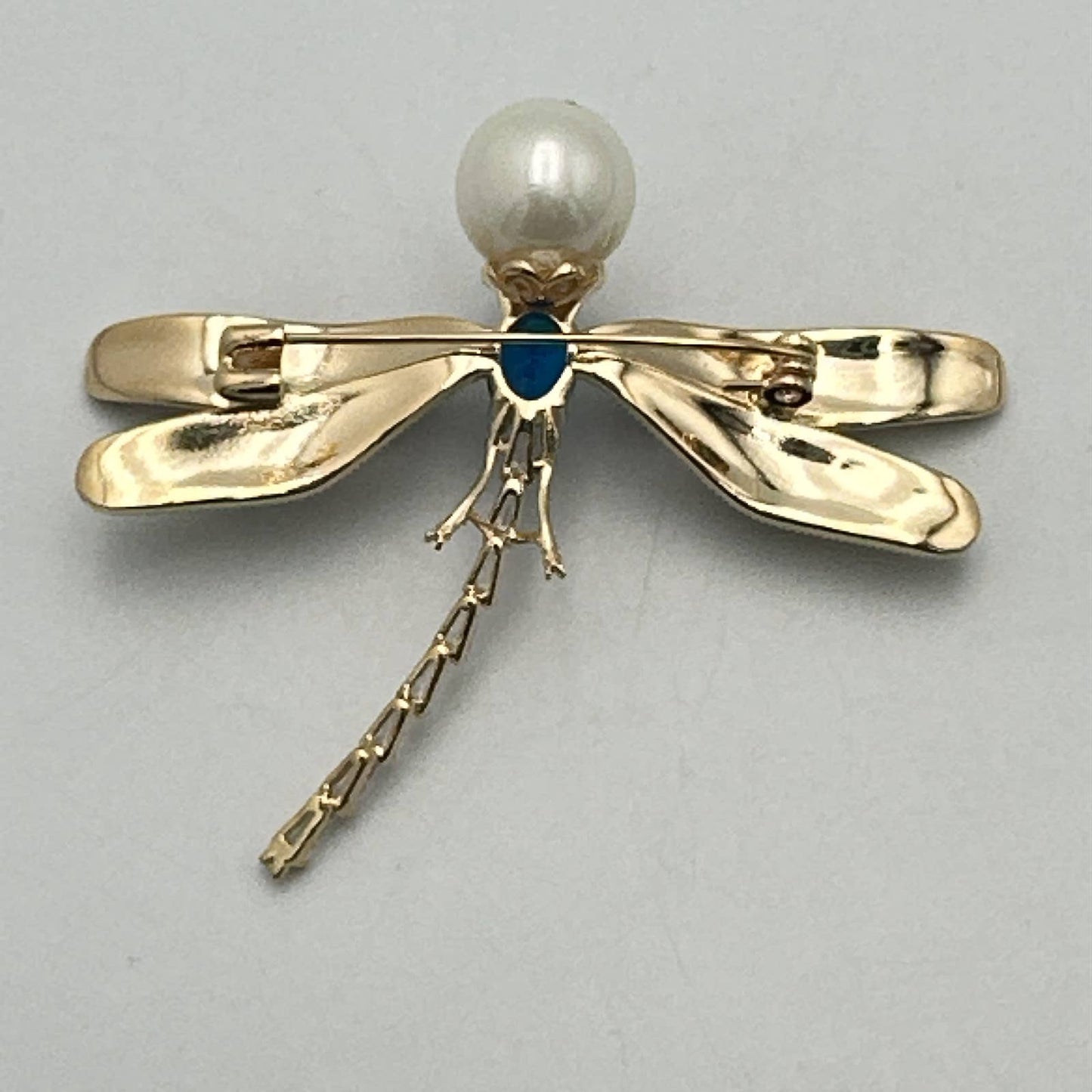 Elegant Blue Dragonfly Brooch Pin, Faux Pearl & Rhinestones, Enamel Wings 2.5W