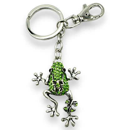 Green Rhinestone Tree Frog & Baby Keychain, Split Key Ring & Clip, w/ Gift Bag