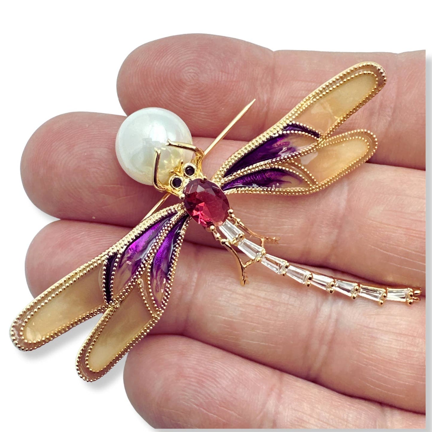 Elegant Purple Dragonfly Brooch Pin, Faux Pearl & Rhinestones, Enamel Wings 2.5W