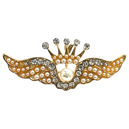 Crown Tiara & Angel Wings Brooch Pin Pendant Faux Pearls & Crystals, Gift Bag