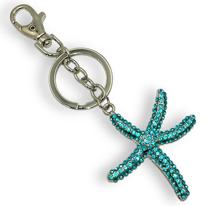 Starfish Keychain, w/ Aqua Blue Rhinestones, Split Key Ring & Clip, w/ Gift Bag