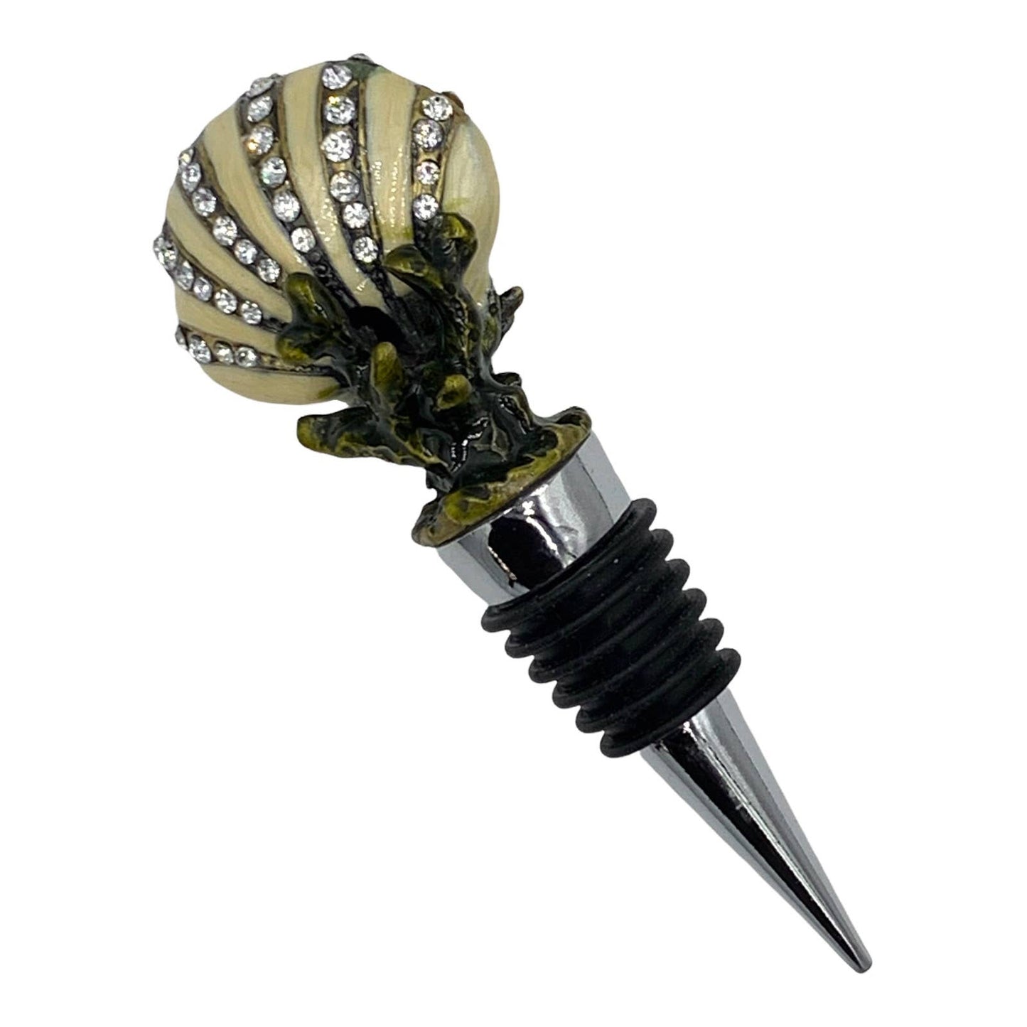 Bejeweled Shell Wine Bottle Stopper, Enameled Pewter with Rhinestones, Nautical