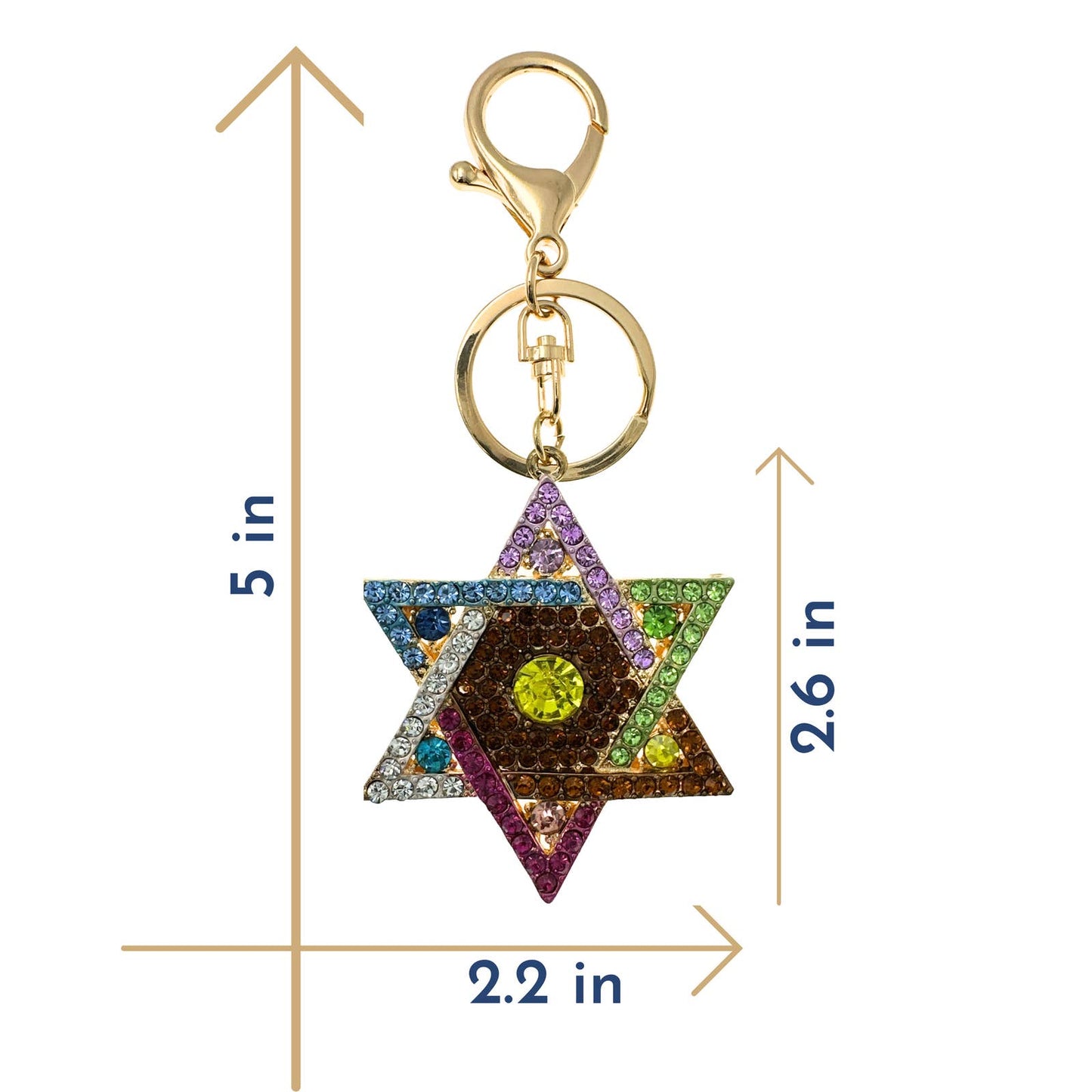 Star of David Keychain Multicolor Rhinestones, Gift Bag, Purse Jewelry, 5"L