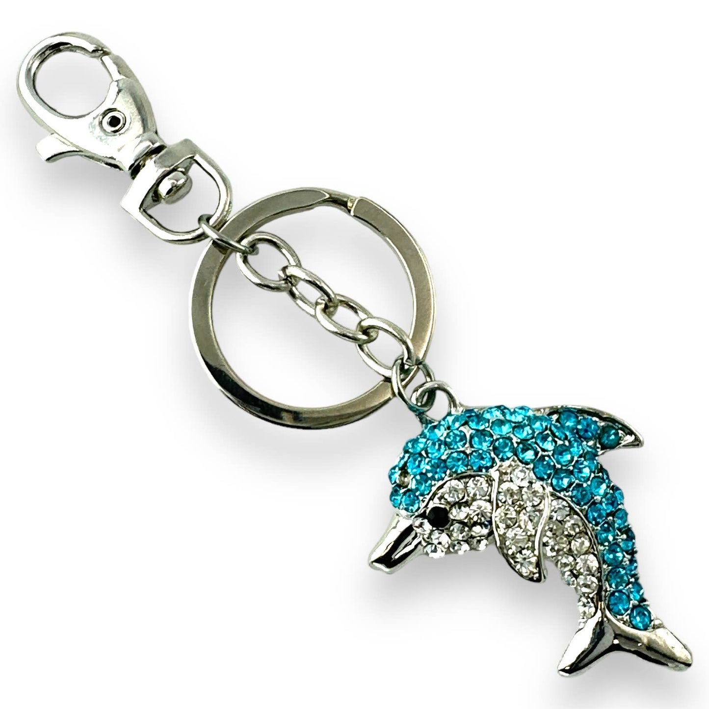 Dolphin Keychain w/ Blue & Clear Rhinestones, Split Key Ring & Clip, w/ Gift Bag