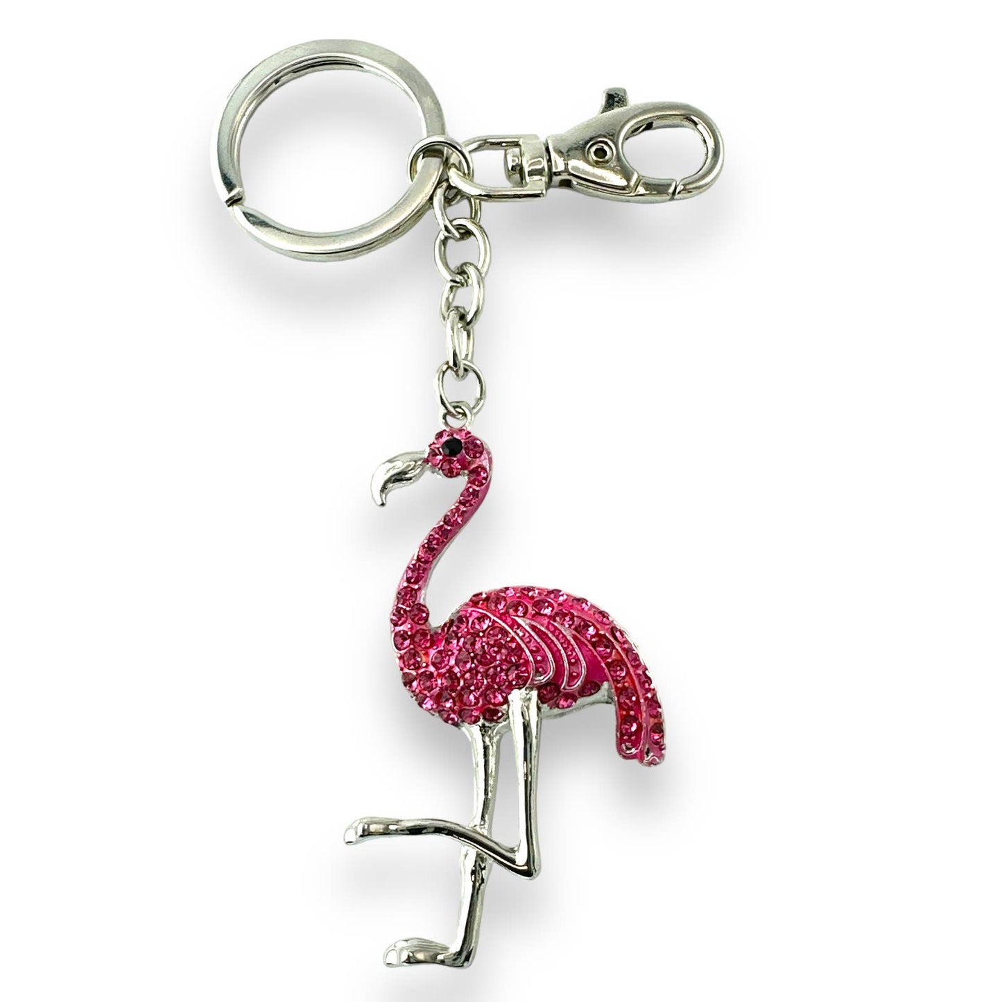 Pink Flamingo Keychain w/ Rhinestones & Enamel, Split Key Ring & Clip, Gift Bag