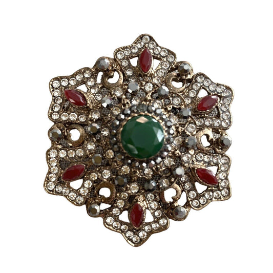 Boho Brooch Pin With Rhinestones Victorian Bohemian Style Hexagonal 2.25”W