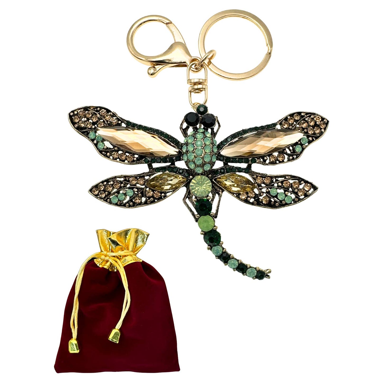 Classic Green Dragonfly Keychain Rhinestones & Gift Bag, Purse Jewelry, 5"L