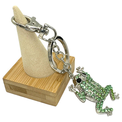 Green Rhinestones Frog Keychain, Silver-tone Split Key Ring & Clip, w/ Gift Bag