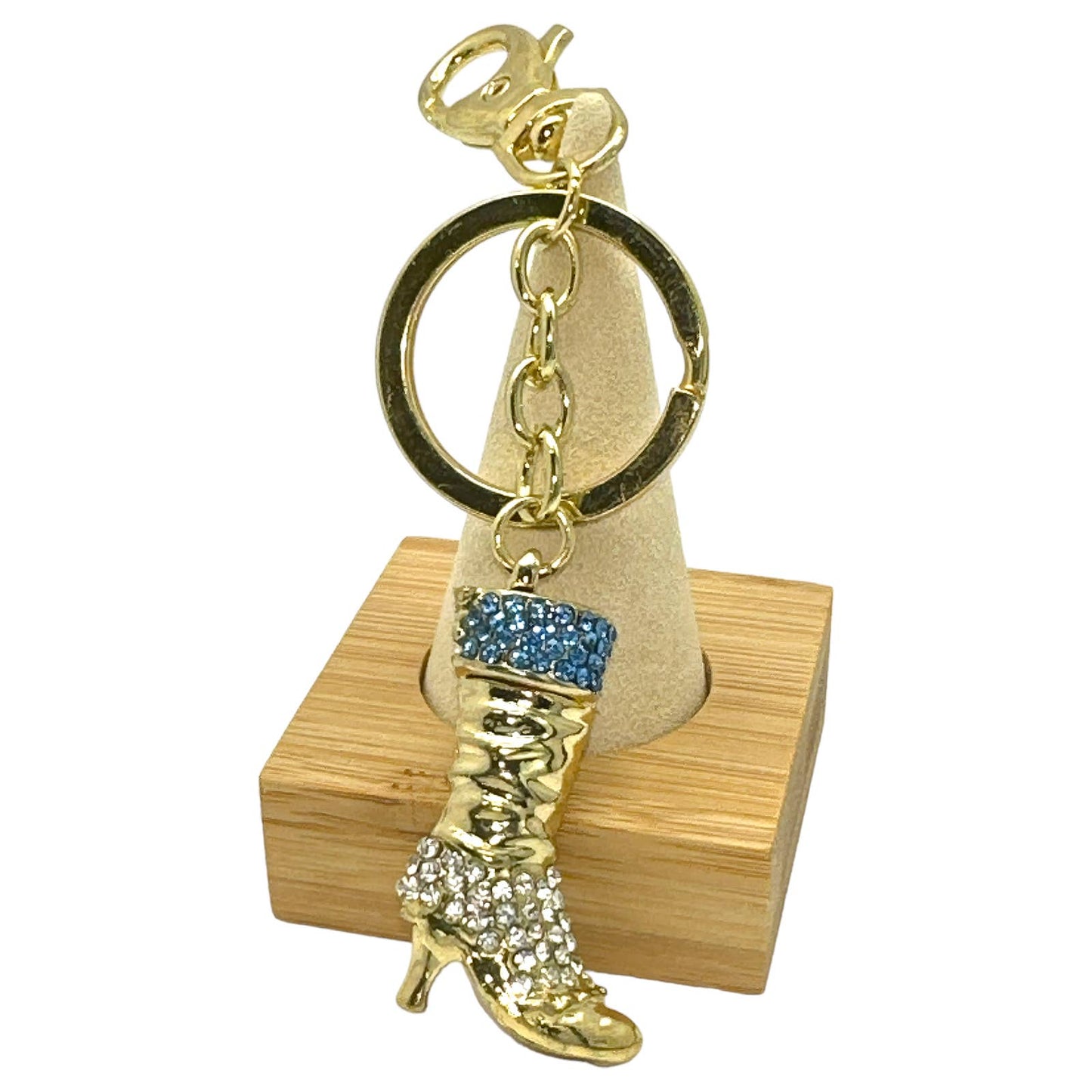 Gold High Heel Boot Keychain w/ Rhinestones, Split Key Ring & Clip, w/ Gift Bag