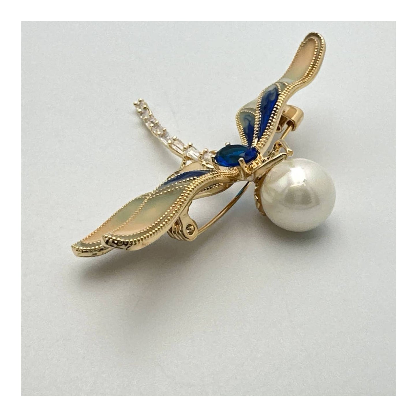 Elegant Blue Dragonfly Brooch Pin, Faux Pearl & Rhinestones, Enamel Wings 2.5W