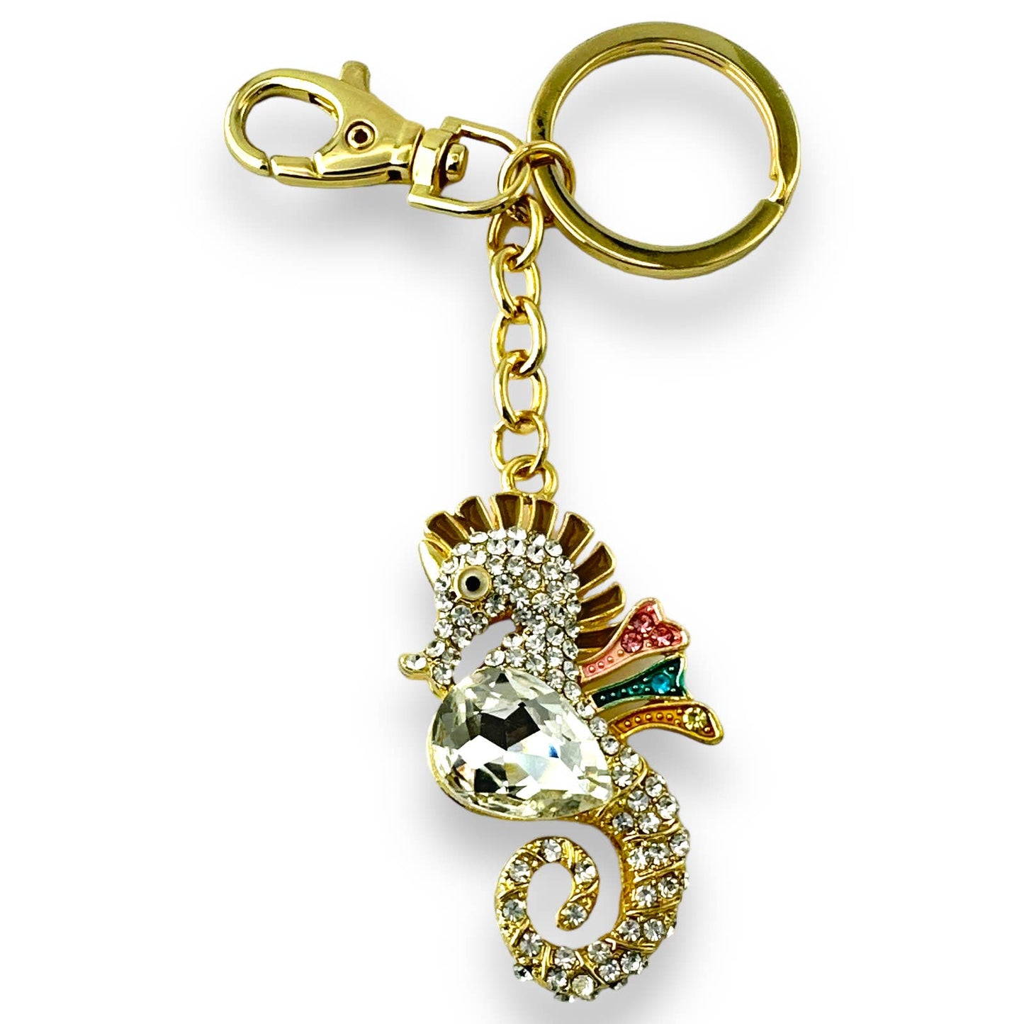 Seahorse Keychain, w/ Rhinestones Gold-tone Split Key Ring & Clip, w/ Gift Bag