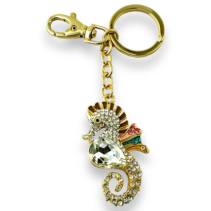 Seahorse Keychain, w/ Rhinestones Gold-tone Split Key Ring & Clip, w/ Gift Bag