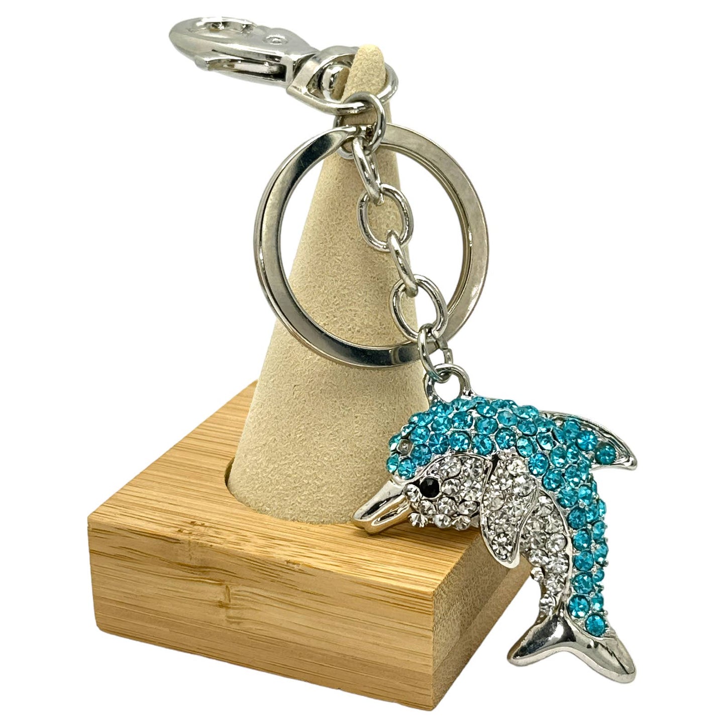 Dolphin Keychain w/ Blue & Clear Rhinestones, Split Key Ring & Clip, w/ Gift Bag