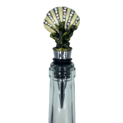 Bejeweled Shell Wine Bottle Stopper, Enameled Pewter with Rhinestones, Nautical