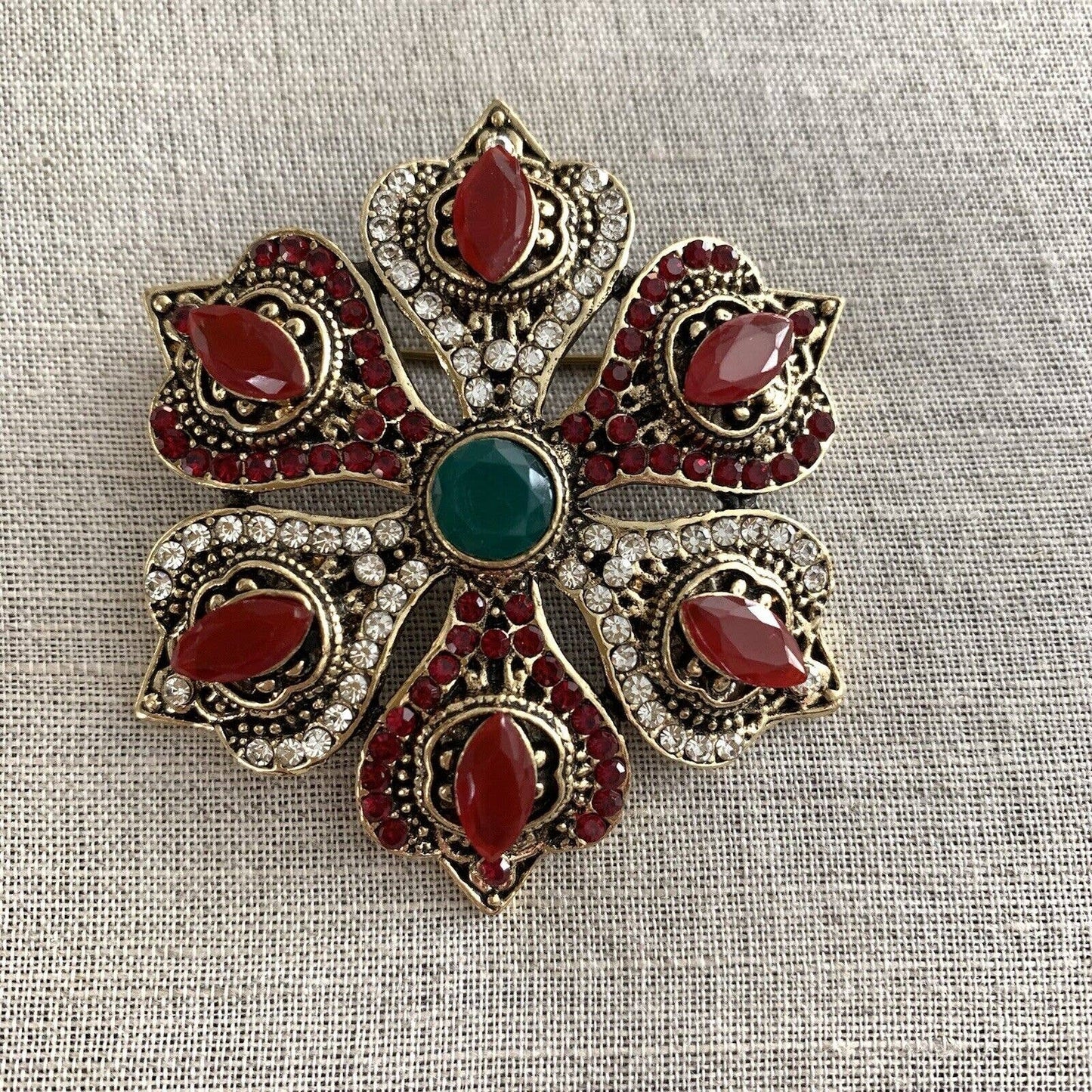 Boho Brooch Pin With Rhinestones Victorian Bohemian Style 2"Diameter