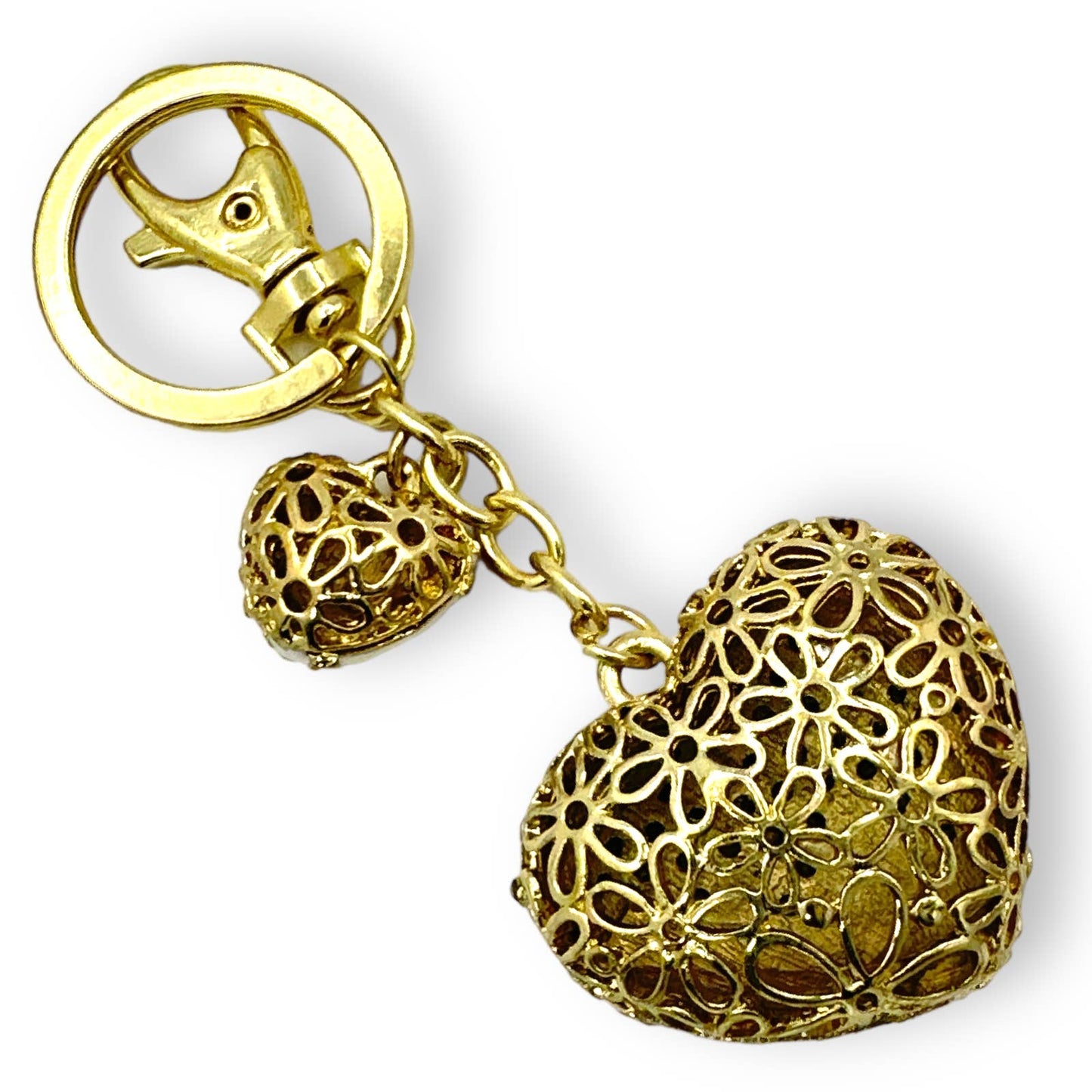 Enamel Filigree Hearts Keychain, Rhinestones & Flowers, Key Ring & Clip Gift Bag