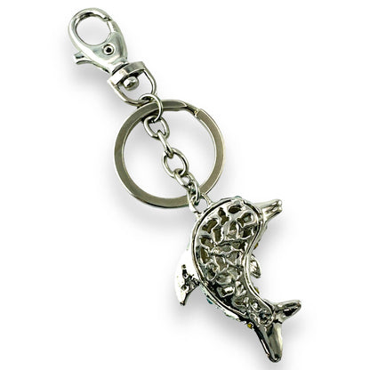 Dolphin Keychain w/ Blue & Clear Rhinestones, Split Key Ring & Clip, w/ Gift Bag