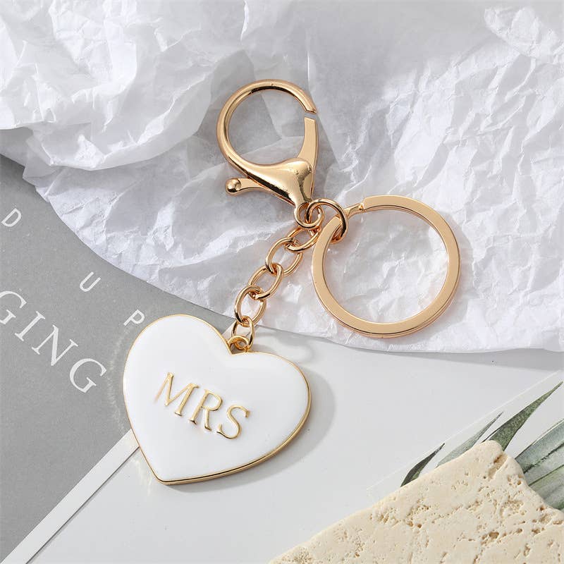 Evenchae "MRS" Heart Keychain, White with Gold Letters, Gift Bag, 4"L