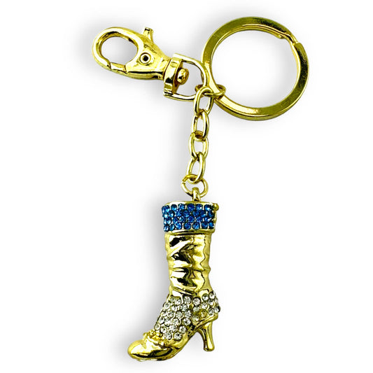 Gold High Heel Boot Keychain w/ Rhinestones, Split Key Ring & Clip, w/ Gift Bag