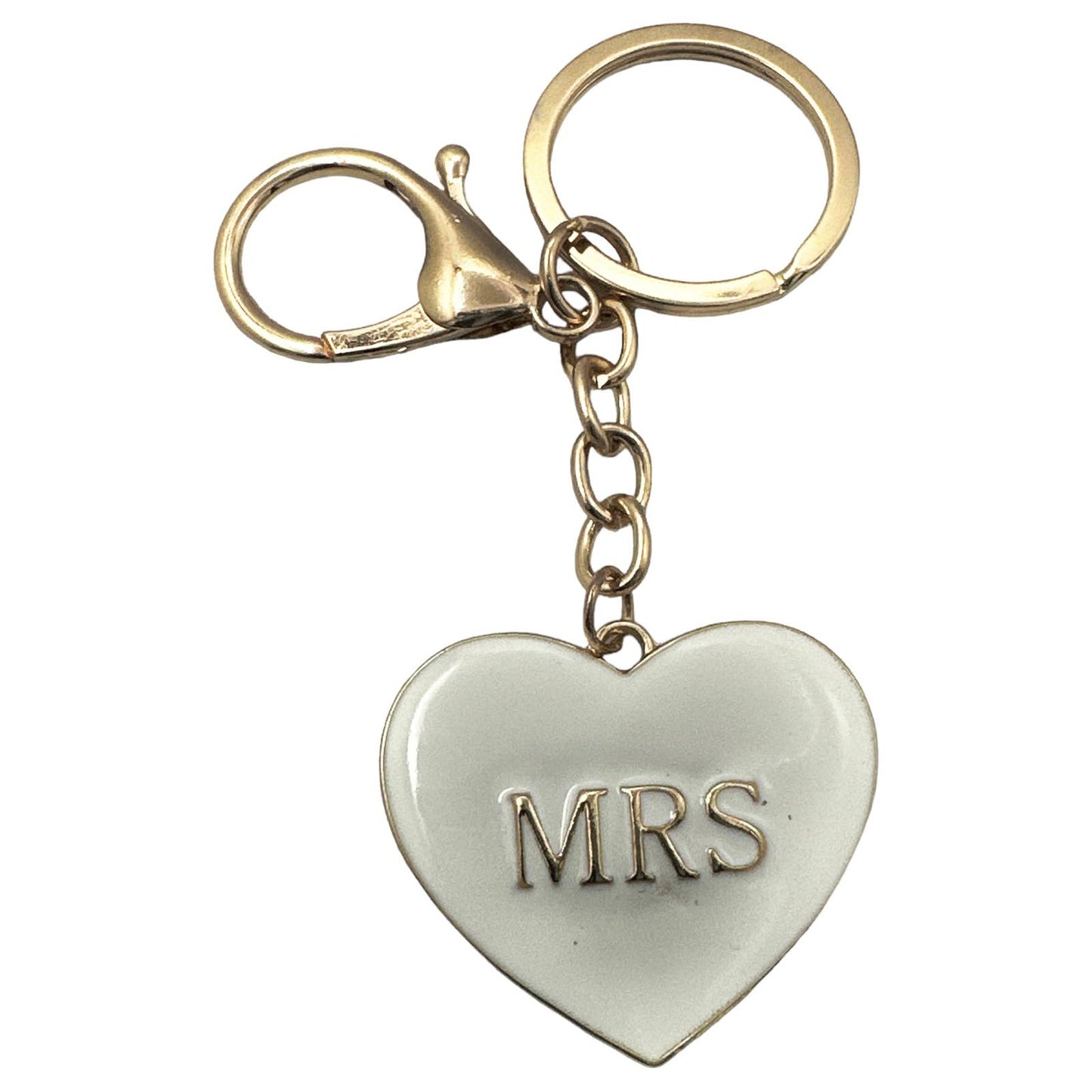 Evenchae "MRS" Heart Keychain, White with Gold Letters, Gift Bag, 4"L