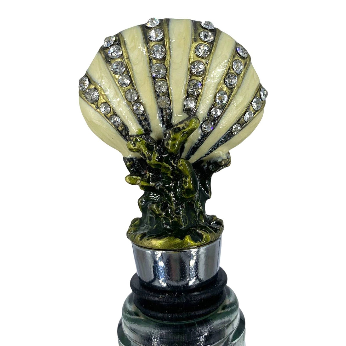 Bejeweled Shell Wine Bottle Stopper, Enameled Pewter with Rhinestones, Nautical