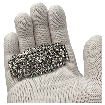 Bar Brooch, Vintage Style, Clear Rhinestones Silver-tone Alloy Pin, Gift Bag