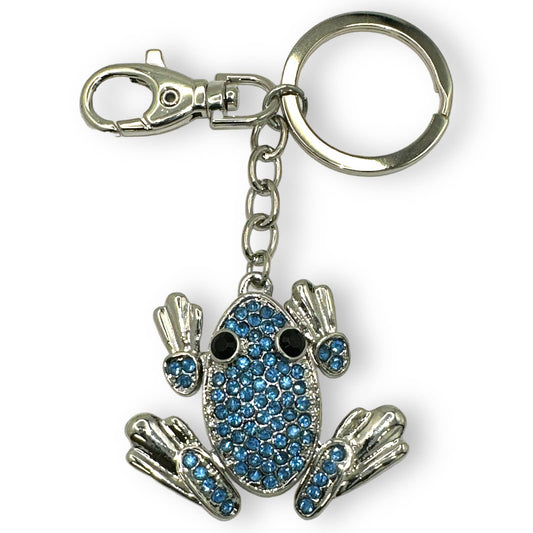 Articulated Frog Keychain, Blue Rhinestones, Split Key Ring & Clip, w/ Gift Bag