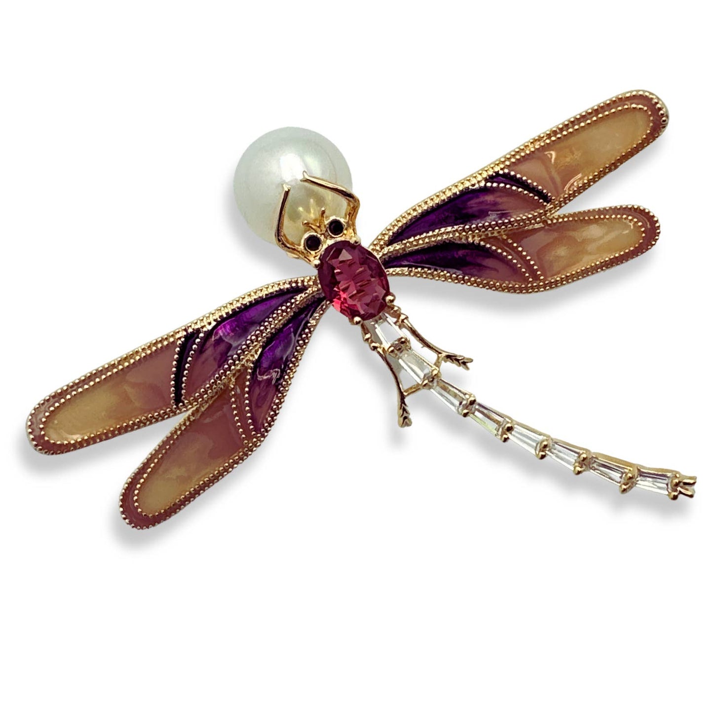 Elegant Purple Dragonfly Brooch Pin, Faux Pearl & Rhinestones, Enamel Wings 2.5W