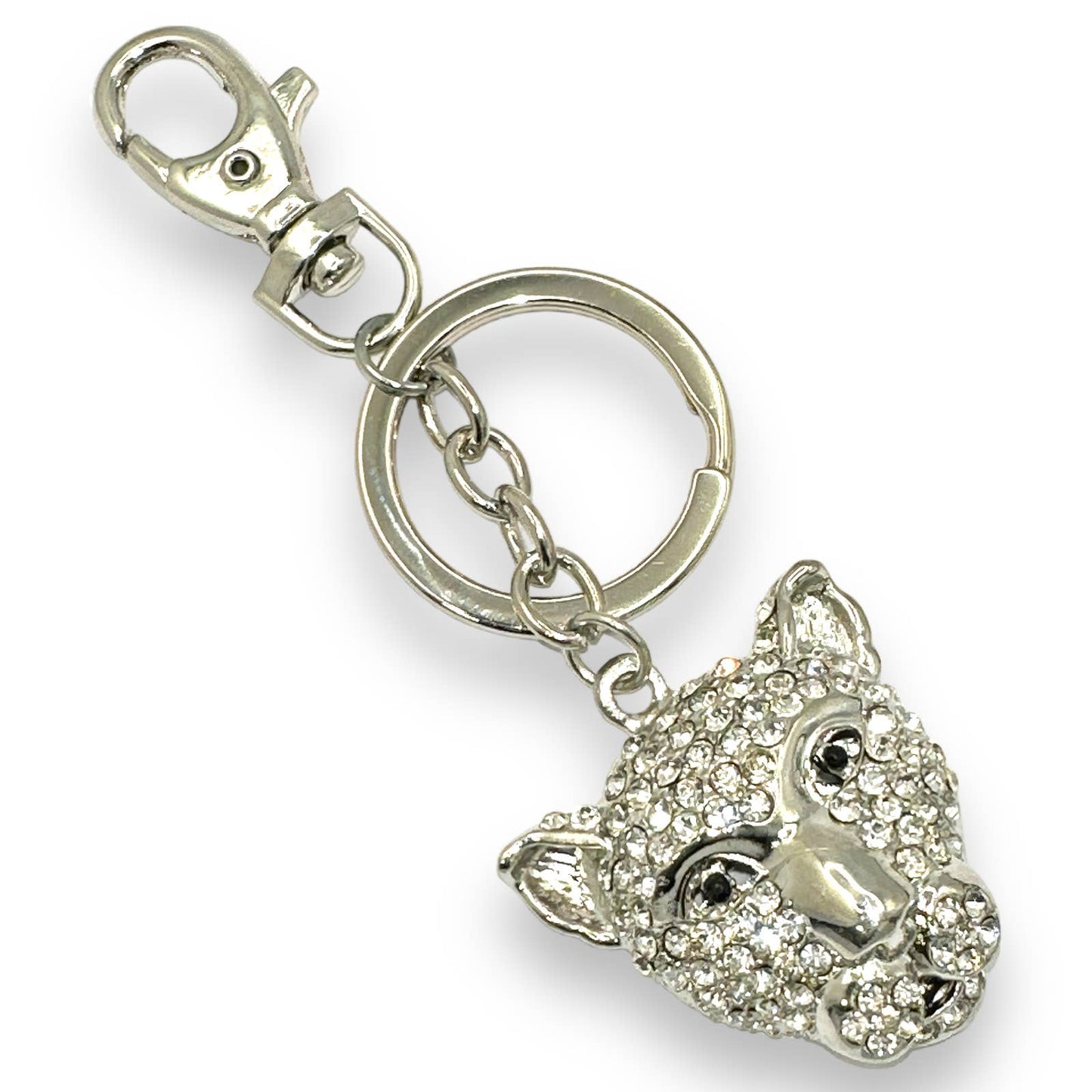 Jaguar Head Keychain w/ Rhinestones, Split Key Ring & Clip, w/ Gift Bag Gift Bag