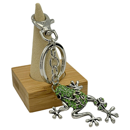 Green Rhinestone Tree Frog & Baby Keychain, Split Key Ring & Clip, w/ Gift Bag