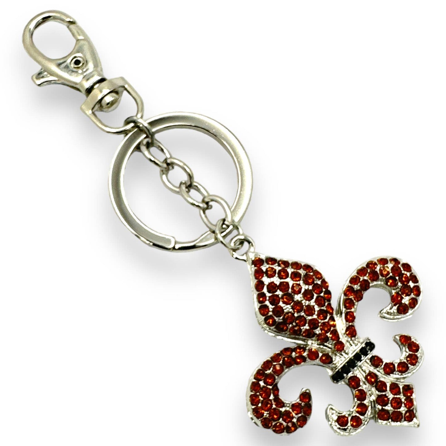 Fleur de Lis Keychain Orange & Black Rhinestones, Split Key Ring & Clip Gift Bag