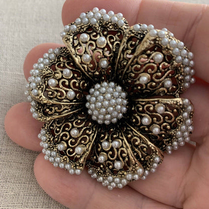 Boho Faux Pearls Flower Brooch Pin Medallion Pendant Bohemian 2.25” Round