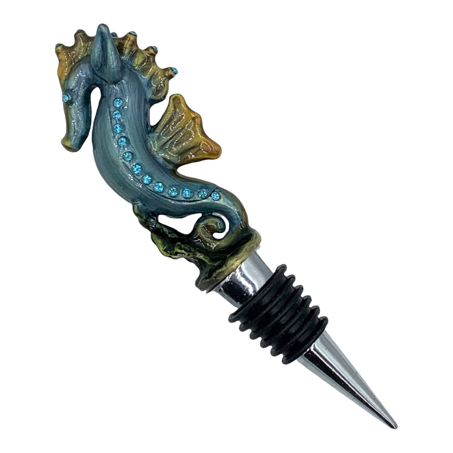 Bejeweled Seahorse Wine Bottle Stopper, Enameled Pewter Rhinestones